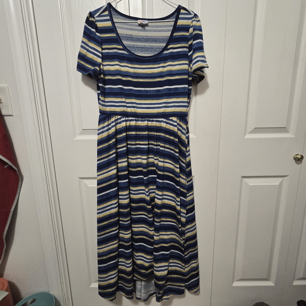 LuLaRoe Navy and Mustard Striped Maxi Dress